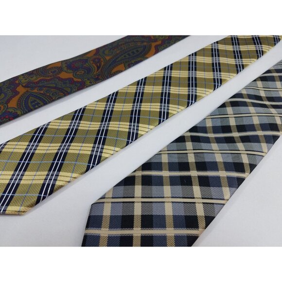 Saddlebred Mens Necktie lot of 3 Gold Navy Plaid Paisley Silk & Silk Blend ties - Picture 2 of 10